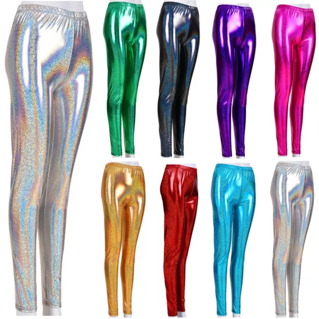 Womens Wet Look Metallic Leggings Shiny Ladies Disco Pants Festival Glitter Club