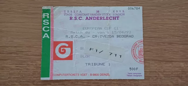Ticket 1992 RSC Anderlecht vs. Red Star Belgrade Champions Cup