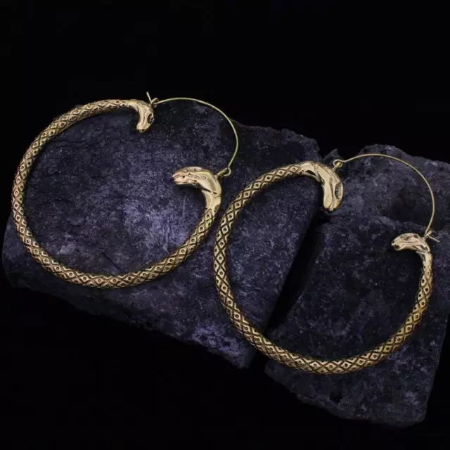 Large Gold Plated Vintage Afghani Brass Hoops Boho Tribal Mandala Earrings Yps