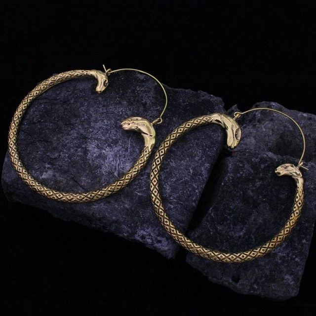 Large Gold Plated Vintage Afghani Brass Hoops Boho Tribal Mandala Earrings Yps