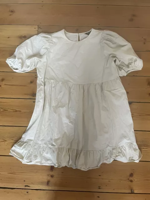 Monki Puff Sleeve Tiered Mini Dress in Beige Size L
