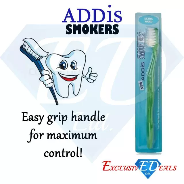 Addis Smokers Extra Hard Toothbrush Effective Stain Remover Easy Grip Assorted