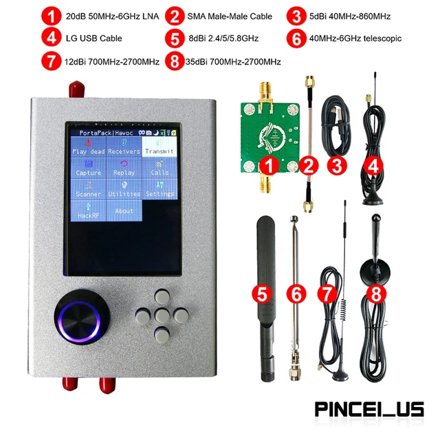 Radio SDR 1 MHz-6 GHz HackRF One R9 V1.7.0 + Portapack H2+5 Antenne non assemblate
