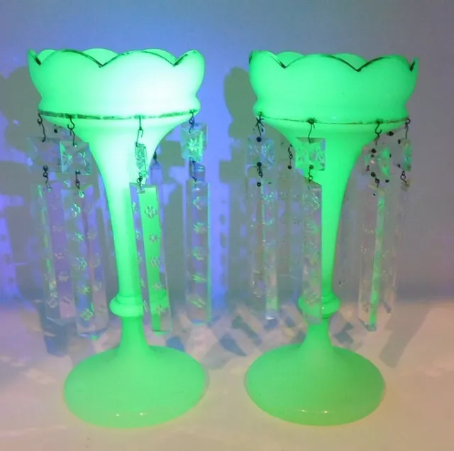 c. 1890's Uranium Glass Pair of Mantel Prism Lusters Opaline Vaseline Glass