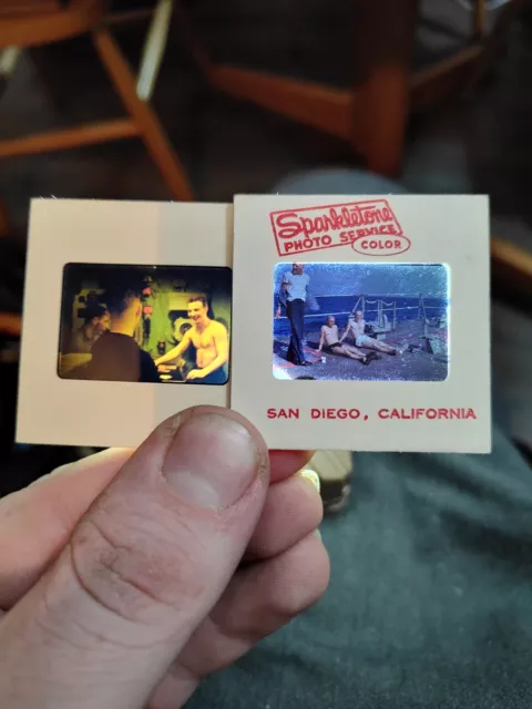 Pair Of Kodachrome Color Slides US Navy Sailors Candid R&R Handsome Shirtless