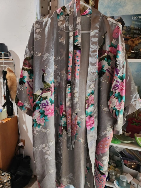 Grey Kimono Peacock Pink Flowers With Tie and Pockets