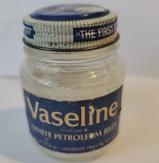 Vintage Vaseline White Petroleum Jelly 1 3/4oz Glass Jar Blue Seal Package