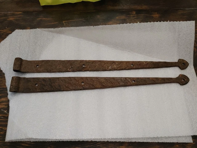 Pair Of 2 Very Early Hand Forged Barn Door Hinges With Designs, 18 Inches Long