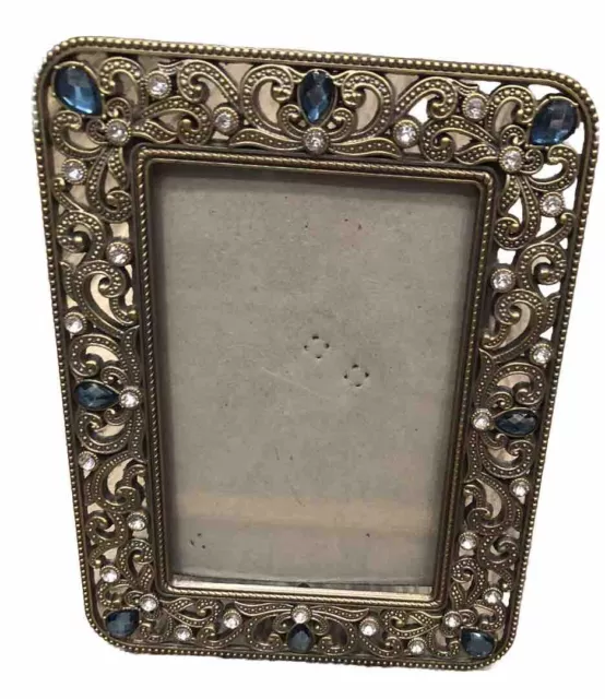 Vintage Ornate Metal Picture Frame 4 X 6 Blue Faux Diamond Jeweled Bling Silver