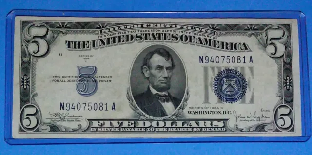 *1934-C ! $5 Silver Certificate! Vf. Circ. ! Old Us Currency! Nice Note !