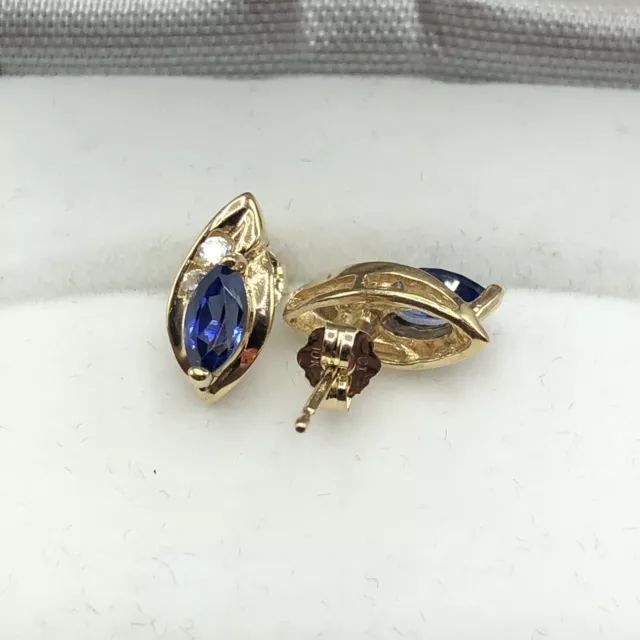 10K YELLOW GOLD Estate Blue Marquise Sapphire & CZ Stud Earrings ...