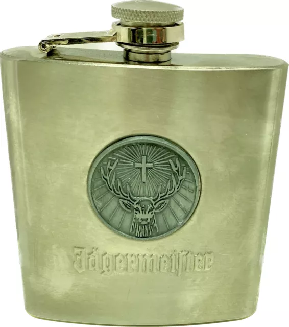 Jagermeister 6 Oz Stainless Steel Flask #701678 Cross/Buck Emblem-EUC