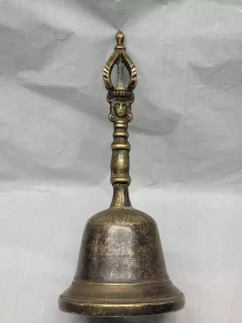 VINTAGE HEAVY 7 3/4" ORNATE DECORATIVE BRASS BELL FACE With CROWN ON HANDLE 3607