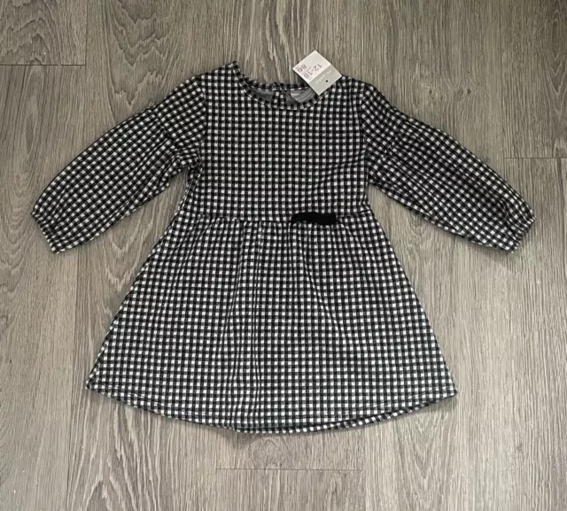 Baby Girls Black White Check Gingham small bow Dress Age 12-18 Months BNWT