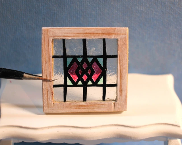 Original OOAK Mini Dollhouse Antique Style Shabby Stained Glass Window N Woolmer 2