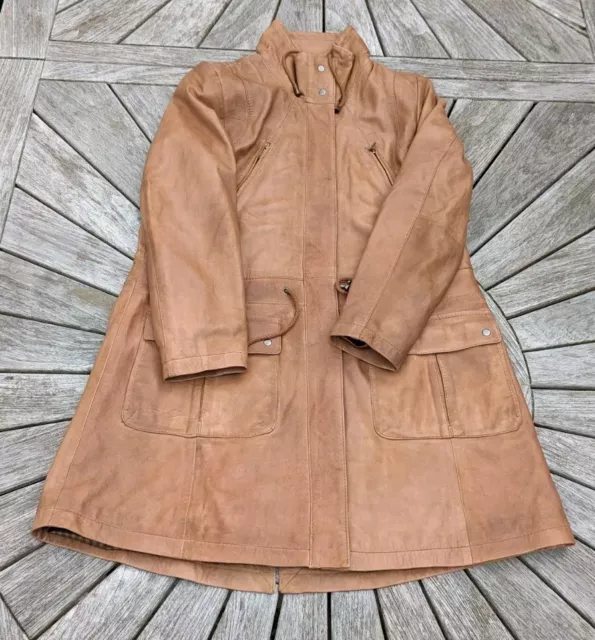 Woodland Leathers Brown Leather Long Coat Jacket Size 14