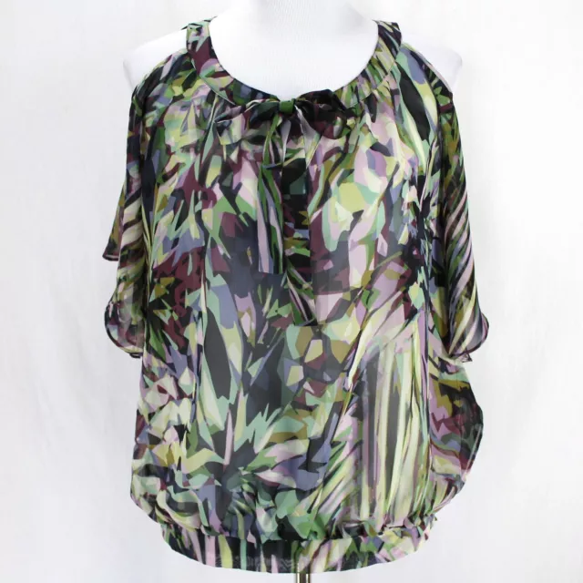 Jennifer Lopez Cold Shoulder Blouse Sz S Purple Green Semi Sheer Ties Banded Hem