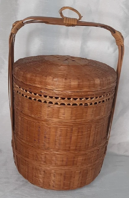 Vintage Chinese 3 Tier Wedding Basket Stacking Bamboo Rattan Woven Cane