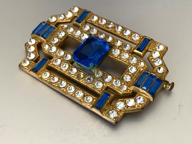 Stunning 1920's Art Deco French Brooch -  paved with White Crystals & Blue stone