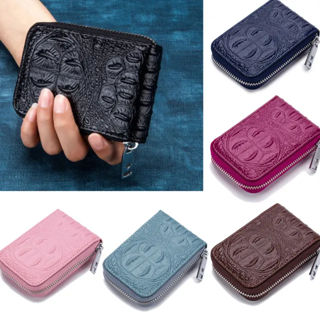 Genuine Leather Credit Card Holder Wallet RFID Blocking Zip Purse For Men Women