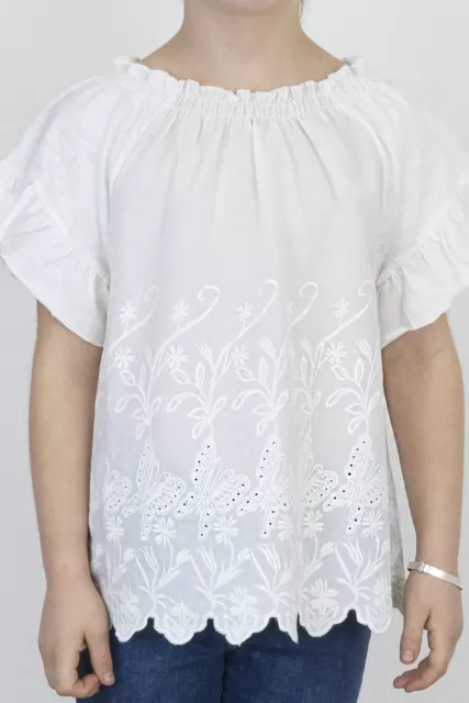 Girls Next Top Tee White Short Sleeve Embroidered Bardot Neck Cotton