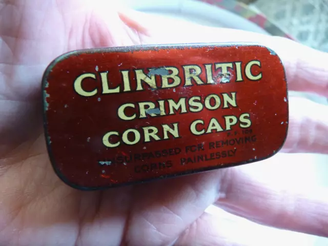 Vintage Crimson Corn Caps Tin CLINBRITIC Advertising Tin