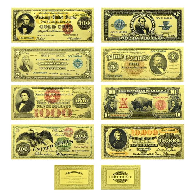 8pcs/set Us Gold Banknotes Reserve Bill Un-currency Money Dollars Collections