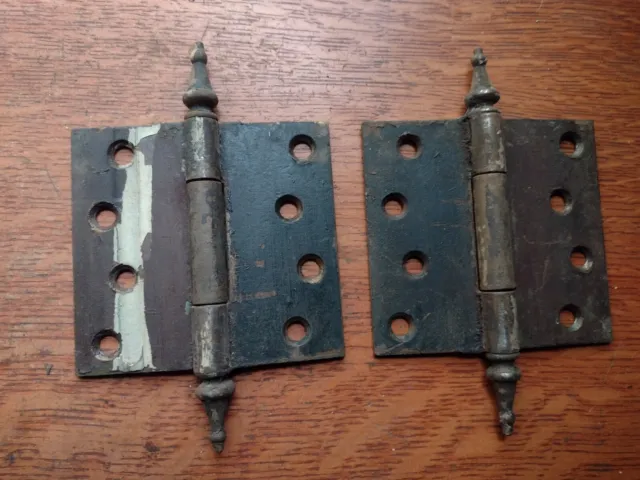 Two Victorian Antique Iron Steeple-Tipped Door Hinges 4" x 3 3/4" Unrestored