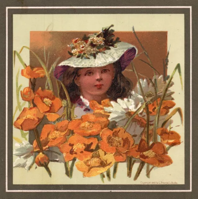 1880s-90s Young Girl Wearing Pretty Hat Among Flowers Trade Card