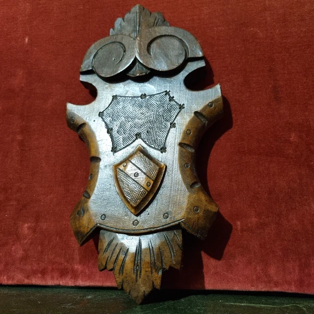 Coat of arms wood carving pediment 11 in - Antique French architectural salvage