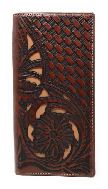 Western Genuine Leather Tooled Laser Cut Basketweave Men's Long Bifold Wallet in