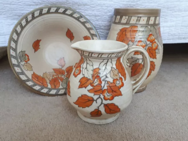 Charlotte Rhead signed jug 4921 Golden Leaves hand-painted signed 1 of 3 pieces