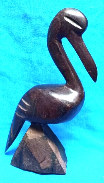 Vintage Hand Carved Pelican Figurine 7-1/2" Finished Iron Wood Great Details