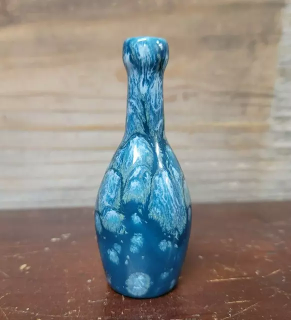 YATES Mid-Century vintage Miniature Art Pottery Blue Drip Glaze Bottle Vase 1972
