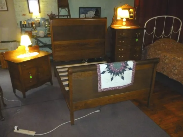 Antique Oak Bed full size bedroom rolling pin top refinished 1900's