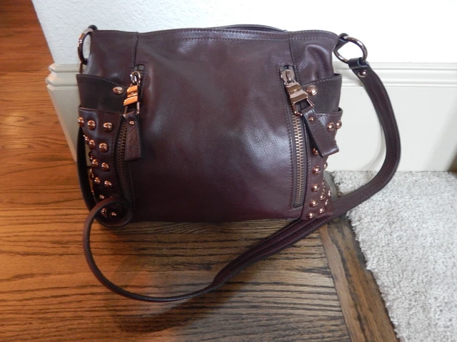 B MAKOWSKY Deep Burgundy  Leather Studded  3 Compartment Shoulder Tote Bag!