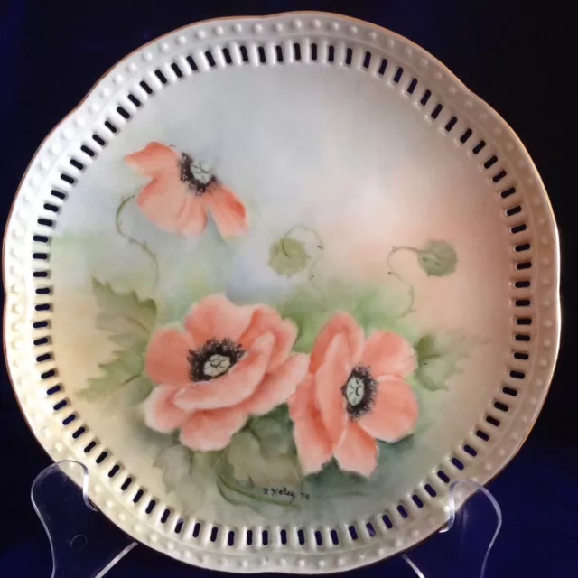 Vintage Hand Painted Orange Poppies Plate With Reticulated Fancy Edge Dated 1979