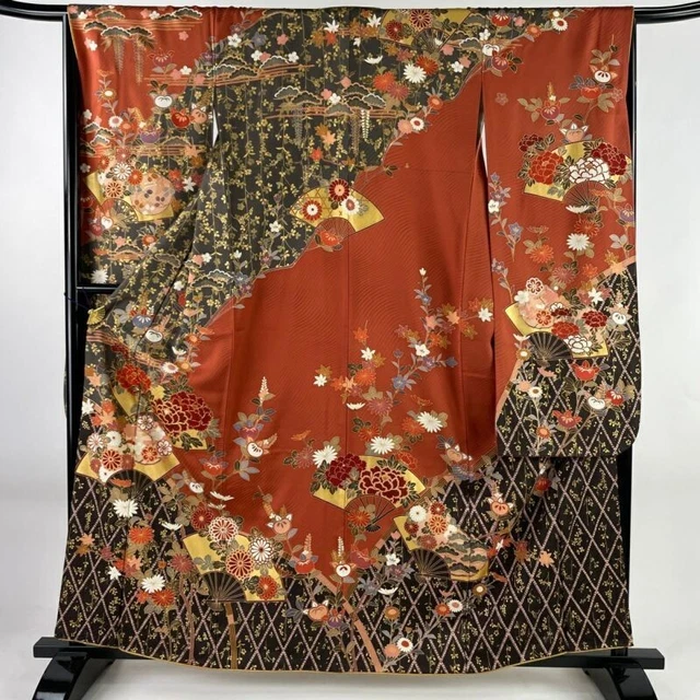 Japanese Kimono Furisode Pure Silk Folding Fan Flower Gold Thread Reddish Brown
