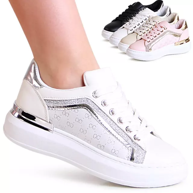 Scarpe Donna Stampa da Ginnastica Plateau Brillantini Basse con Zeppa