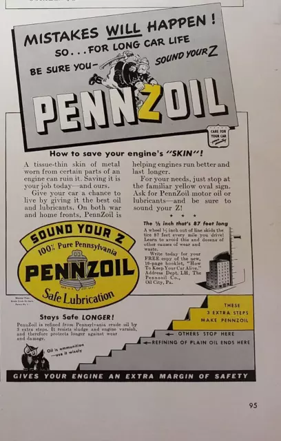 1942 Print Ad Pennzoil Motor Automobile Oil For Long Car Life Vintage WWII