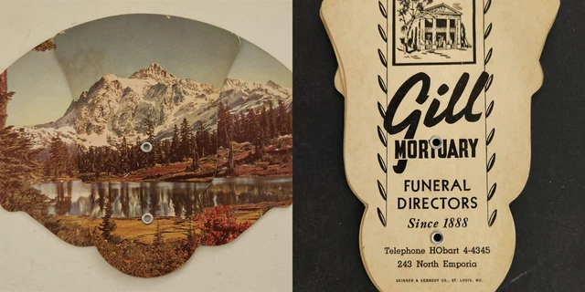 1950s vintage GILL MORTUARY north emporia ks FUNERAL DIRECTORS adv HAND FAN
