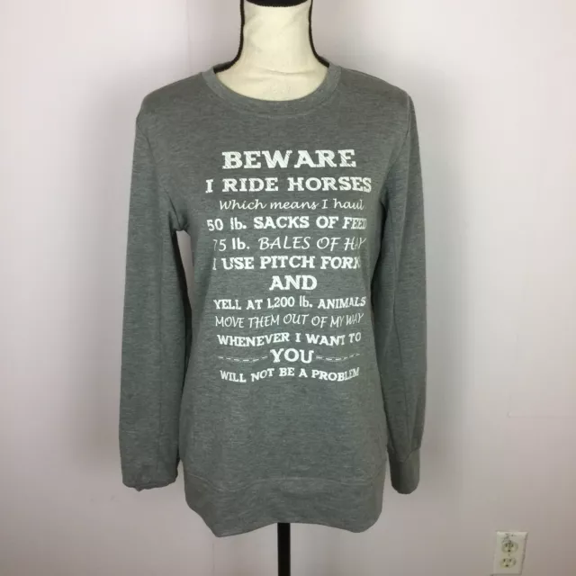 NWT Lilicloth Pullover Sweatshirt Top Size M Womans Gray "Beware I Ride Horses"