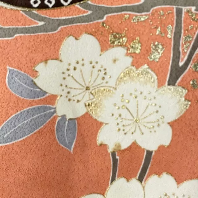 Woman Japanese Kimono Furisode Silk Flower Bird Stream Gold Silver Foil Pink 5