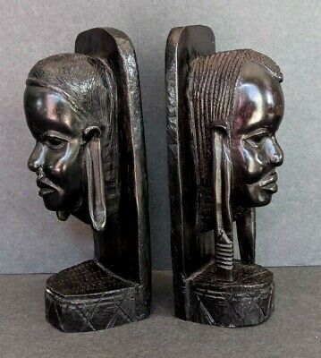 Vintage Pair African Tribal Ebony Bookends Hand Carved Woman & Man Bust Heavy 9"