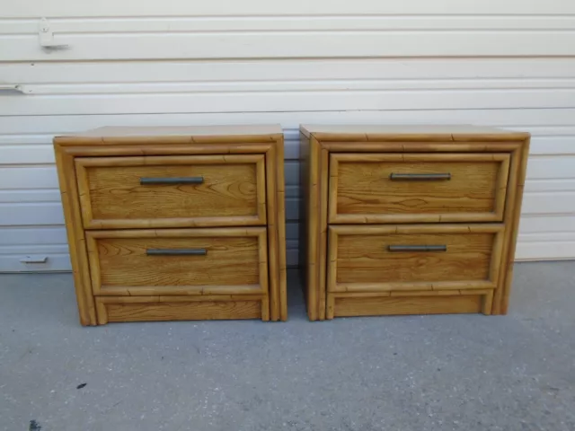 Pair Faux Bamboo Nightstands Lea Hollywood Regency 2 Beach Boho Tropical Cottage