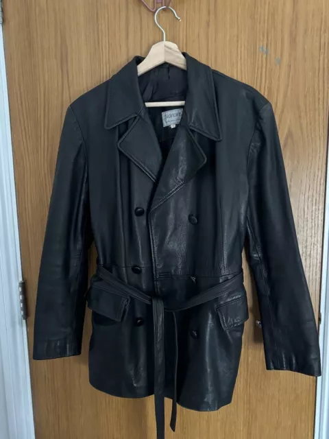 Vintage real leather trench coat size 12 10 black tie belt womens