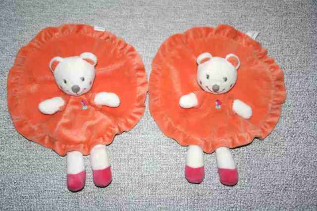 Nicotoy 2 Doudou Ours Souris Plat Rond Orange Rose Pois Oiseau Brode Kom9