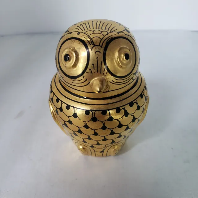 Vintage Owl Burmese Burma Myanmar Hand Painted Gold Lacquerware Trinket Box 3" H