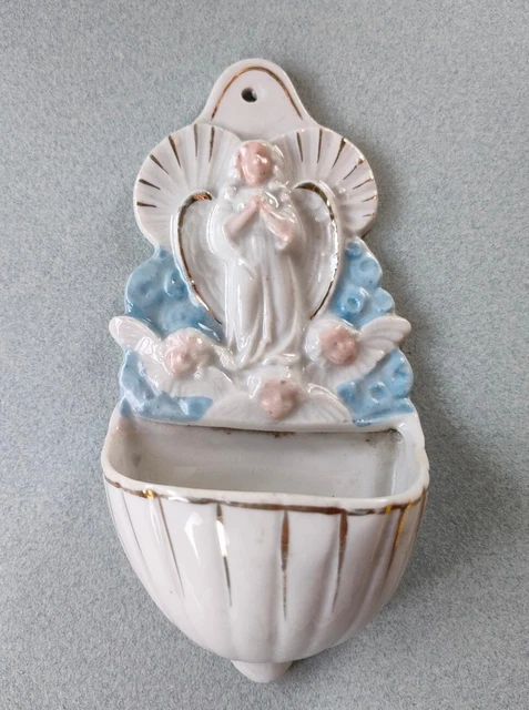 Acquasantiera Biscuit Vintage Angelo Custode h 13,5 cm