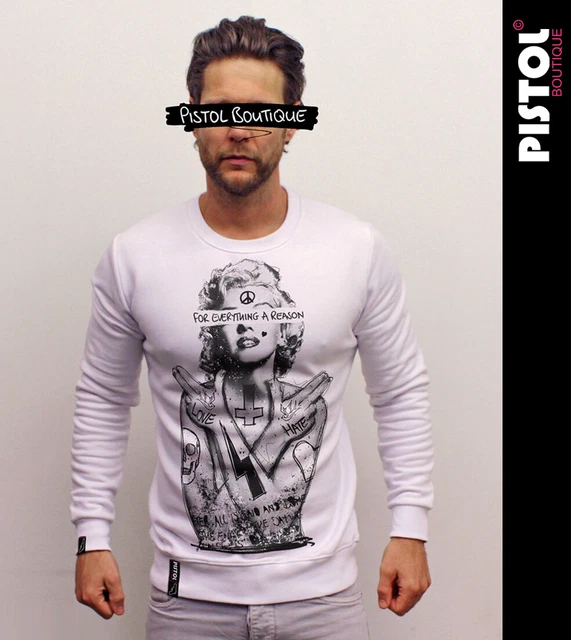 T-shirt Homme Pistol Boutique - Col V Profond, Motif Tatouage Marilyn Monroe - Blanc, Coupe Ajustée, 100% Coton